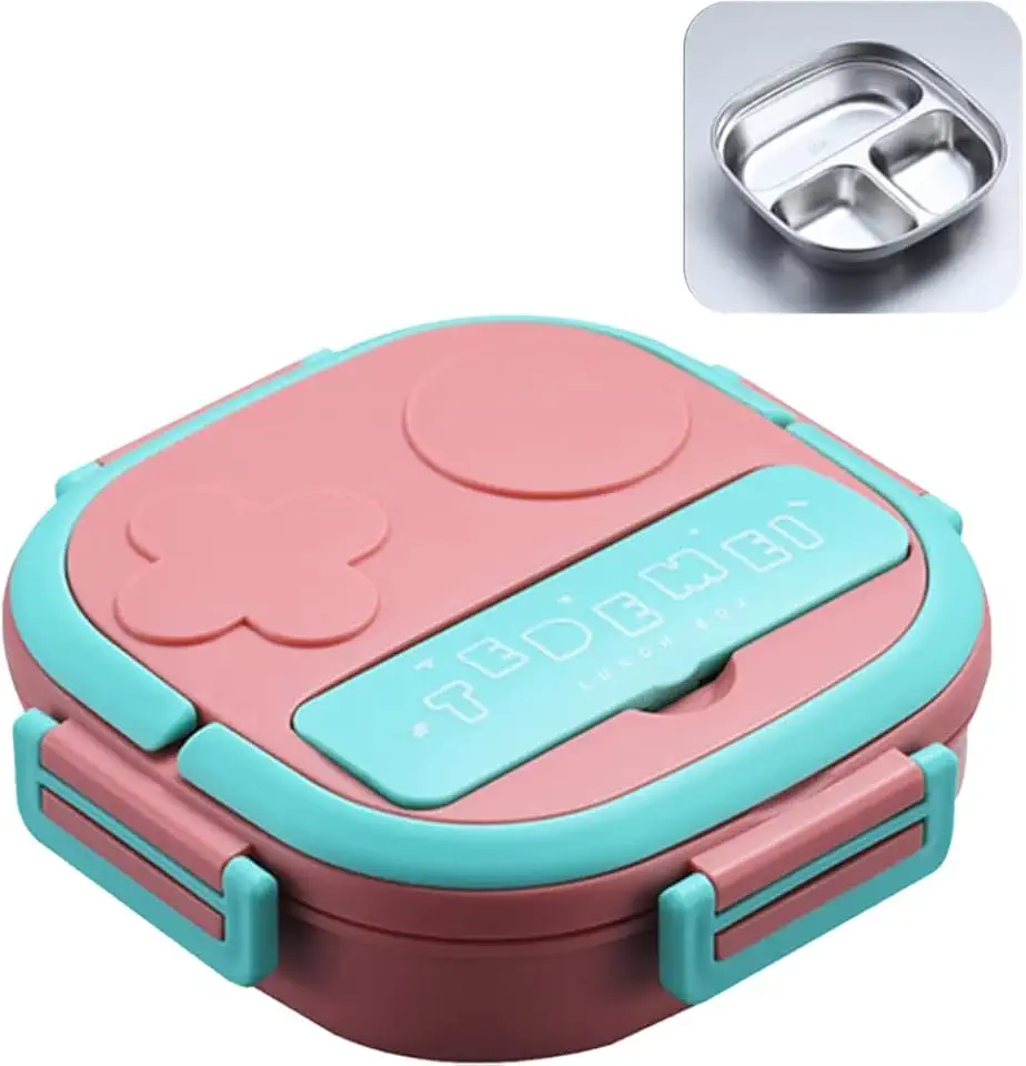 Marmita Lancheira Térmica Infantil e Adulto Portátil Recipiente Para Comida com 3 Compartimentos Reutilizáveis de Aço Inoxidável à Prova de Vazamentos (Rosa)