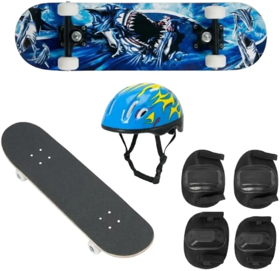 Skate Infantil Iniciante 70cm Tubarão Azul + Kit de Segurança Completo