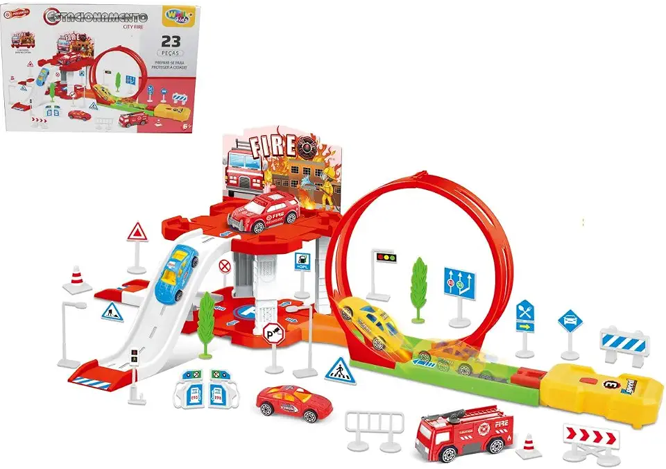 Pista Corrida, Wellmix, com Lançador, City Fire, 23 peças