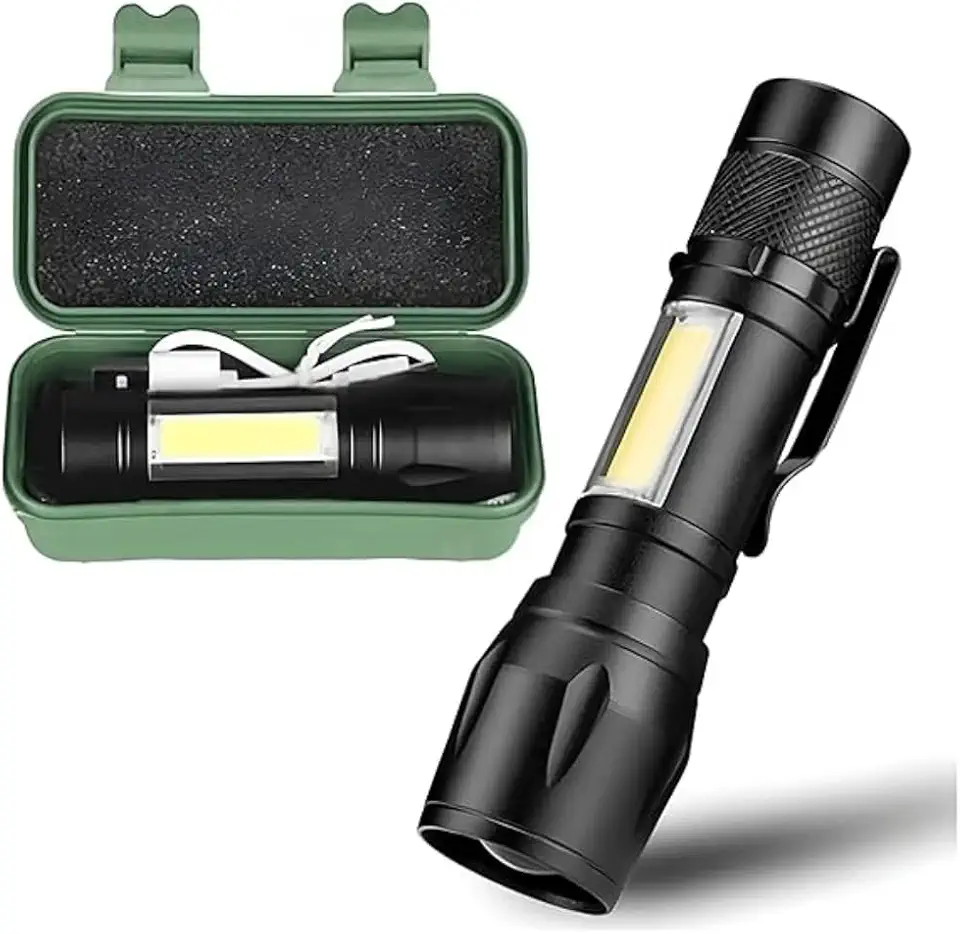 Lanterna Tática LED Portátil Recarregável USB com Estojo Protetor para Camping Auto e Emergências Premium