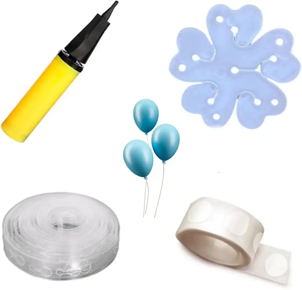 Bomba Manual Para Encher Balão e Bexigas + Fita Arco Desconstruído 5M + Fita 100 Pontos Cola + 5 Suporte Formato Flor Marca AZIfest