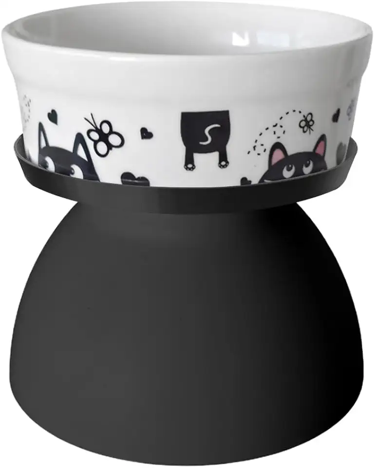 Comedouro Elevado C/Pote de Porcelana 300ml Várias Estampas (Gato Borboleta Preto)