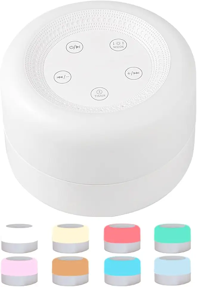FINYQBET Máquina De Som De Ruído Branco Com Luz Noturna - 12 Sons suaves, 8 Cores LED, Recarregável, 4 temporizadores e funçao de memória - Ideal para Bebês, Adultos e Meditação