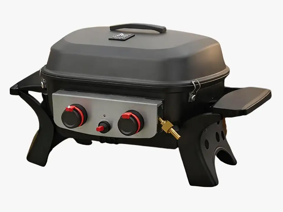 Churrasqueira a Gás Portátil de Bancada com 2 Queimadores, Mesas Laterais Dobráveis e Pés de Apoio Dobráveis, Ideal para Cozinhar e Grelhar, Uso Externo ou Interno, Cor Preta