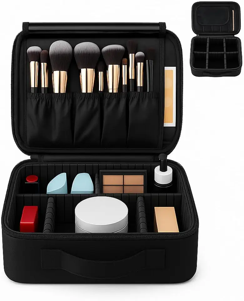 Maleta Necessaire Profissional para Maquiagem 25 x 23 x 10 cm Preta, com Divisórias Ajustáveis Porta Pincéis Impermeável Ideal para Viagem