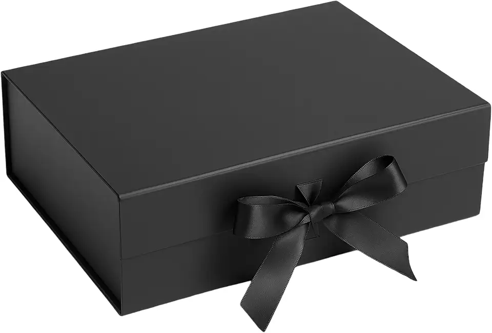 Caixa De Presente Premium Rígida Com Trava Magnética e Laço de Cetim (Preta, 28x20x9cm)