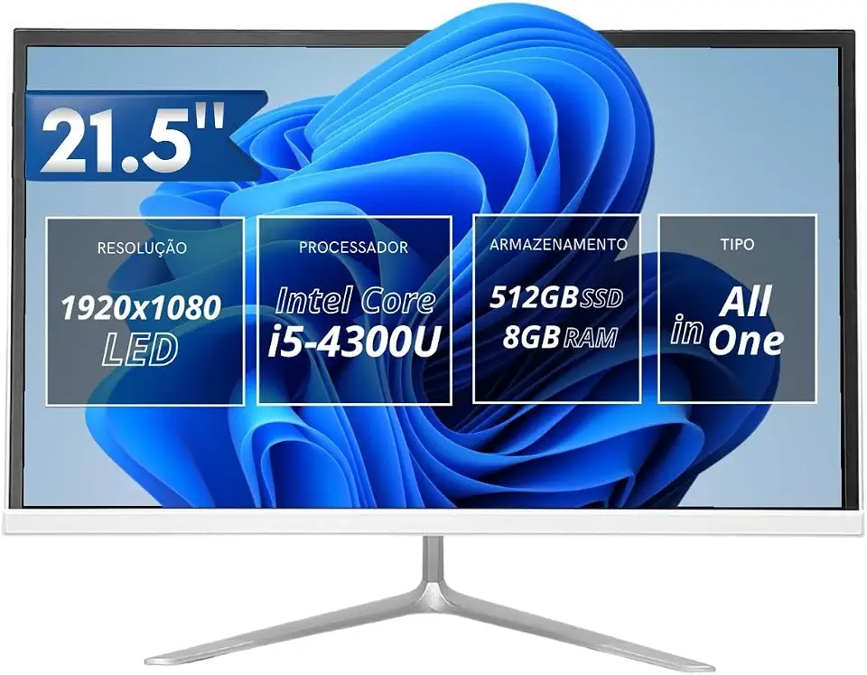 Computador All-In-One 21,5” Intel Core i5 Full HD 1920x1080, 8GB RAM, SSD 512GB, HDMI/VGA, Audio P2, Wi-Fi 5.0/ RJ45 LAN Ethernet, Bluetooth 4.2, USB 2.0 Branco para Jogos e Escritório