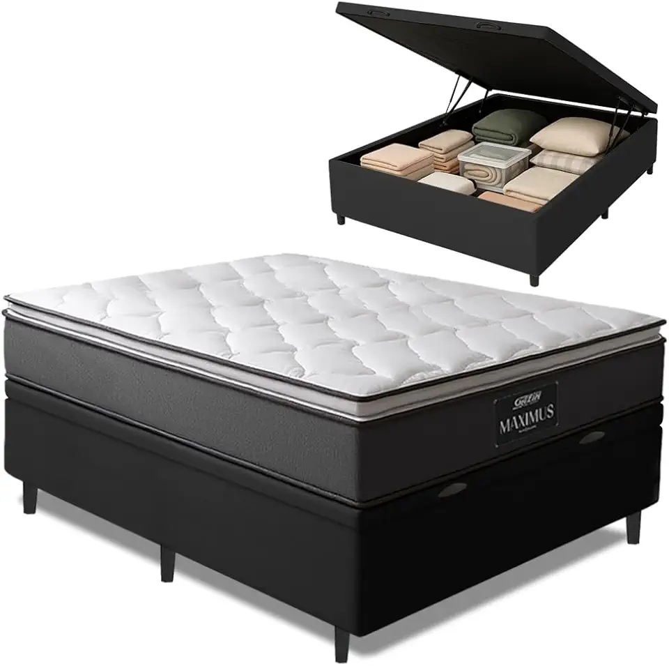 Cama Box Baú Casal Colchão Molas Ensacadas Maximus 138x188x65cm Cinza/Preto Gazin - Suporta até 120kg por Pessoa