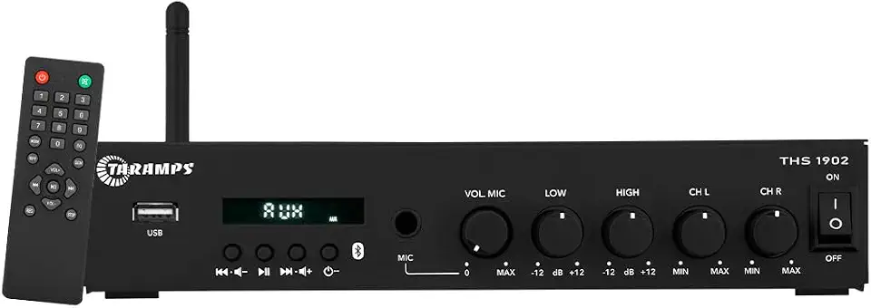 Amplificador Receiver Taramps THS 1902 com 2 canais de 30W conexão Bluetooth USB Rádio FM Saída Auxiliar Lojas Clínicas Bares Academias Área de Lazer Espaço Gourmet