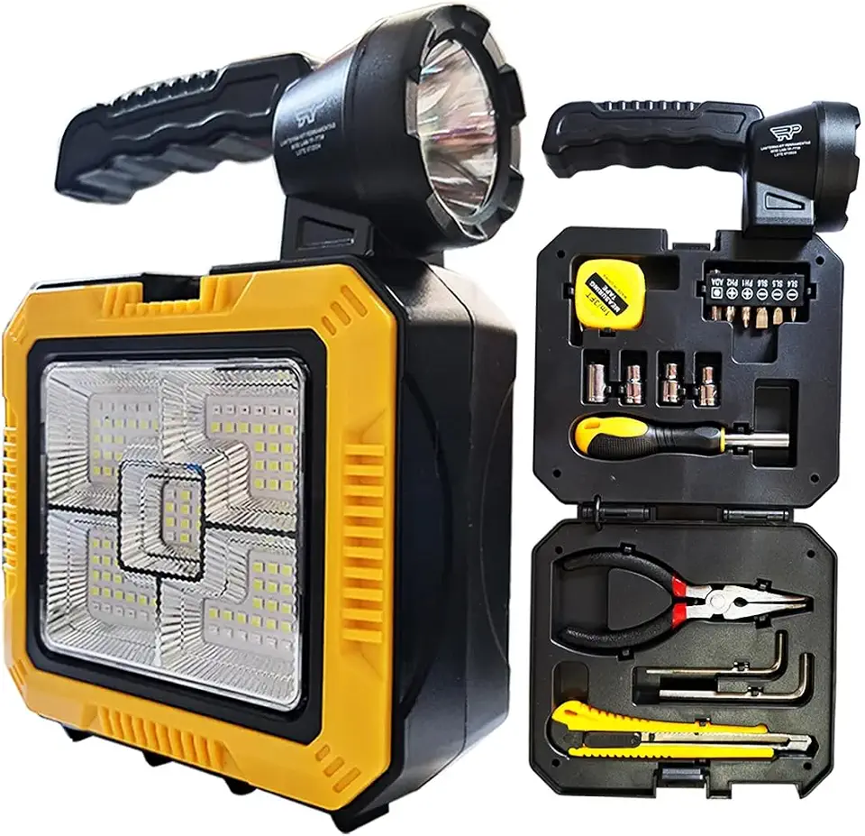 Lanterna Holofote LED Recarregável Solar 5-em-1 c/Kit Ferramentas Completo e Power Bank