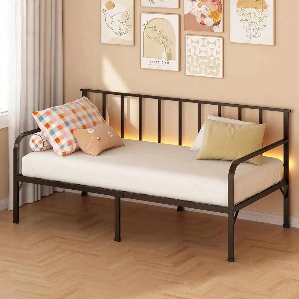 Sofá Cama de Metal 198x100x34cm, Cama Solteiro Multifuncional, Cama Dia para Quarto, Sala de Estar e Apartamentos Pequenos, Estrutura Resistente, (Não inclui colchão), Preto