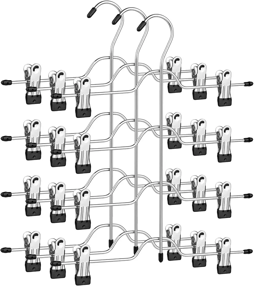 SONGMICS Cabides para Calças e Saias com Presilhas, Kit com 3 Cabides Metálicos de 4 Níveis, 8 Presilhas Ajustáveis Antiderrapantes, para Calças, Jeans, Toalhas, Bermudas, 31,5 cm, Prata BRCRI042BK
