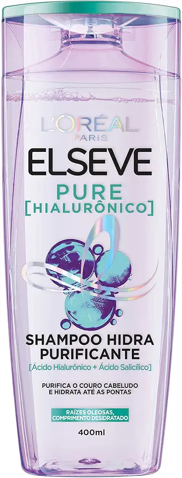 L'Oréal Paris Elseve Shampoo Hidra Purificante Pure Hialurônico, Purifica o Couro Cabeludo e Hidrata até as Pontas, 400ml