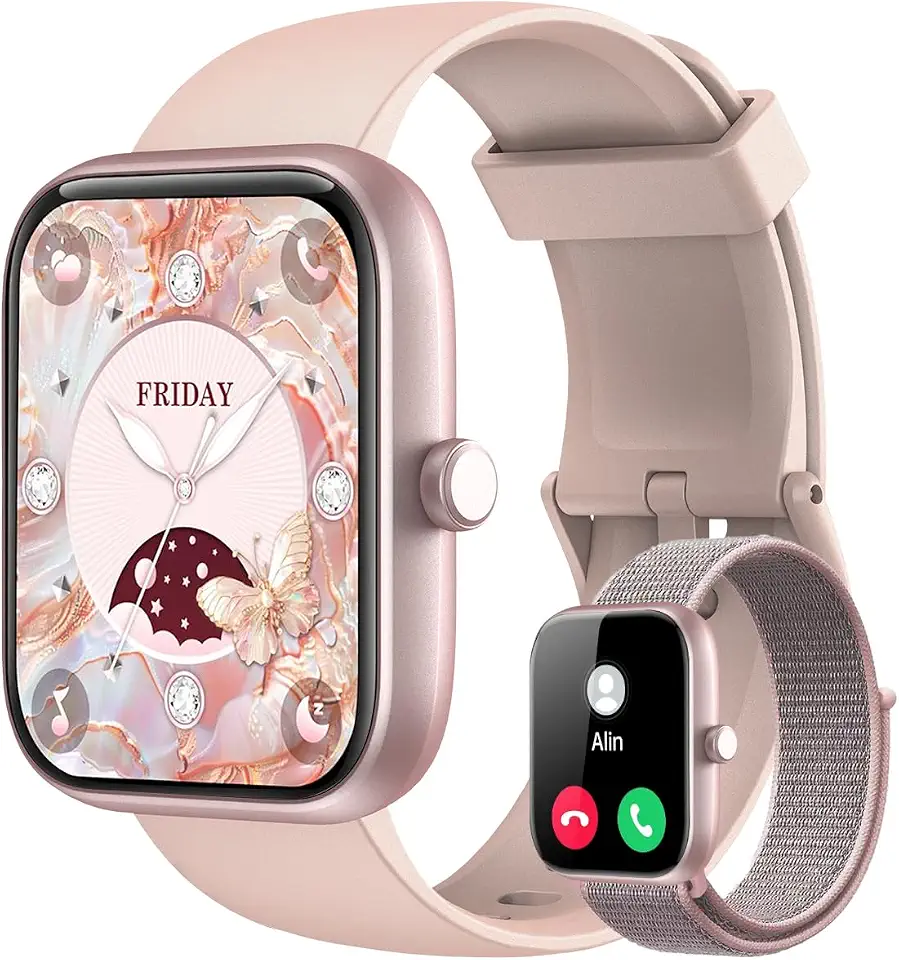 Smartwatch Feminino, Tela HD de 1,83" Relógio Fitness com Alexa, 120 Esportes, Frequência Cardíaca e Monitoramento do Sono, IP68 à rova d'água, Compatível com Android iOS, 2 Pulseiras (Rosa)