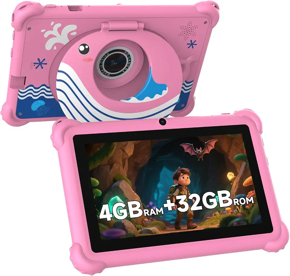Tablet infantil de 7 polegadas para crianças, Android 12, 4 GB de RAM, 32 GB de ROM, WiFi, Bluetooth, tela IPS de proteção segura para os olhos, controles parentais, câmera dupla, capa transparente