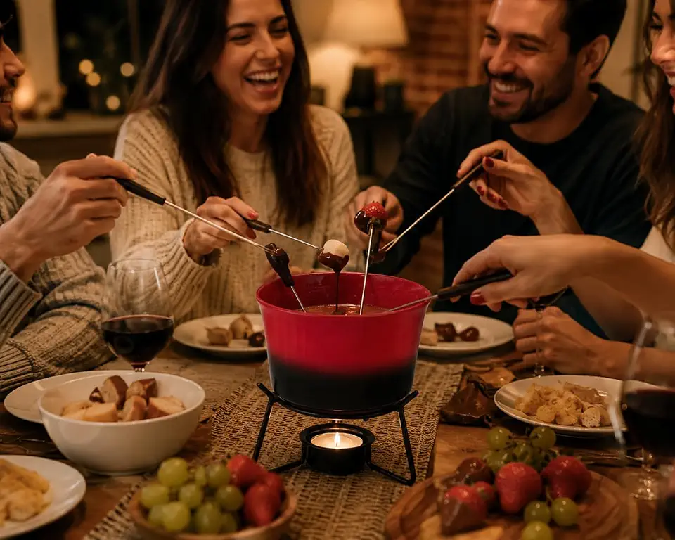 Conjunto para Fondue, Vermelho e Preto, 385ml, com Suporte, Rechaud e Garfinhos com Cabo Térmico, 6 Peças