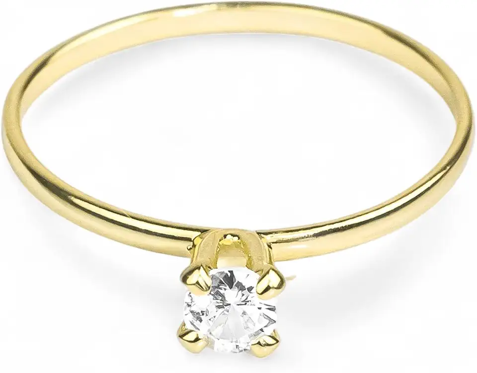 Anel Solitário Feminino Banhado a Ouro 18k, Zircônia Cristal Brilhante, Estilo Elegante e Sofisticado