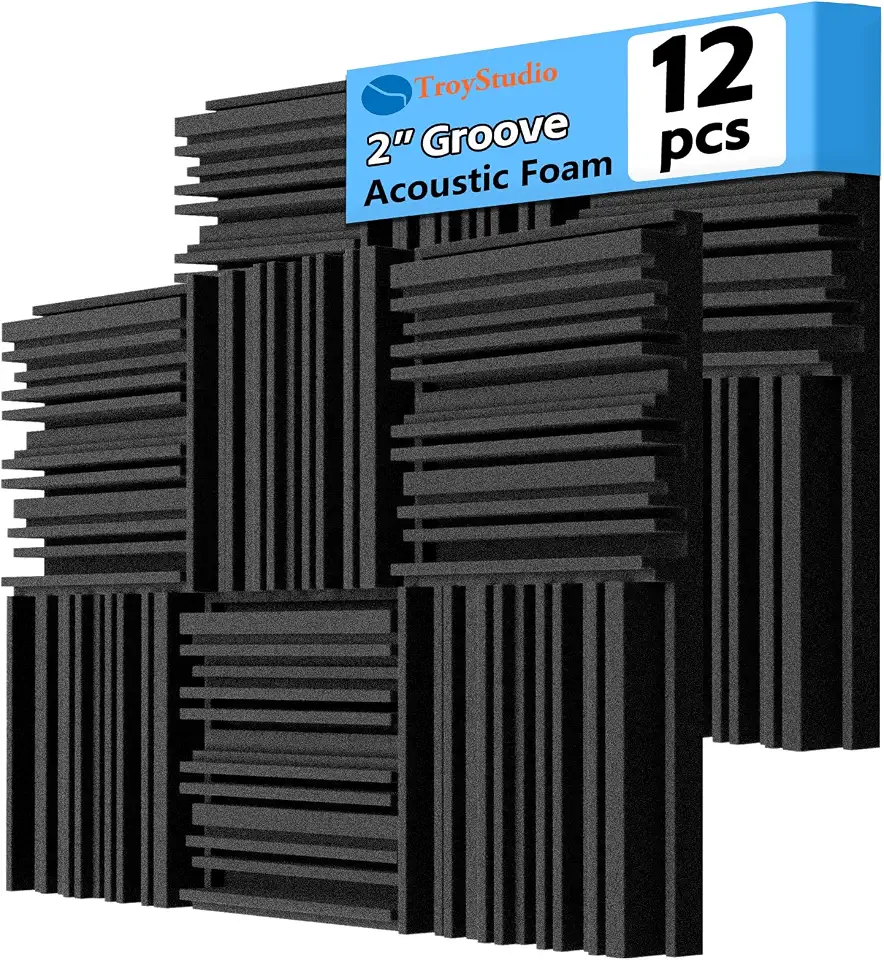 TroyStudio Painéis de espuma acústica grossa, 30,5 x 30,5 x 5 cm, 12 peças de espuma absorvente de som de banda larga, azulejo de enchimento denso à prova de som, absorvente de espuma de estúdio de gravação, painel de teto de parede 3D decorativo Groove