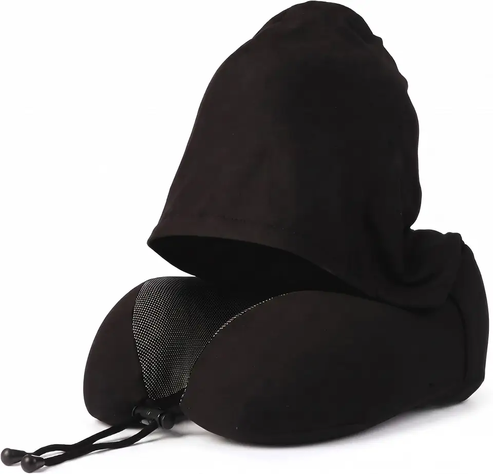 Almofada de Pescoço Ergonômica 360° com Capuz Blackout – Espuma de Memória Premium para Sono Profundo em Viagem, Avião, Carro e Escritório (Preto)