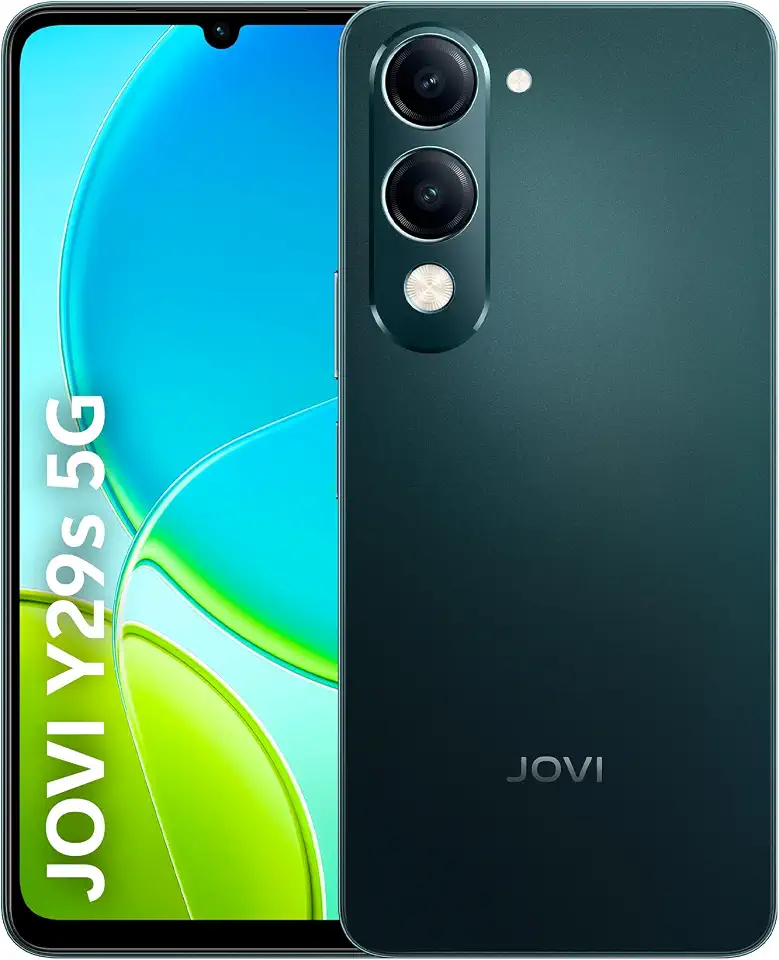 Smartphone JOVI Y29s 5G, 256GB, 8+8GB RAM Turbo, Dimensity 6300 2.4GHz, câmera dupla 50MP, tela 6,7" 90Hz, bateria 6000mAh com carregamento 44W, IP64, Android 15, Preto Jade