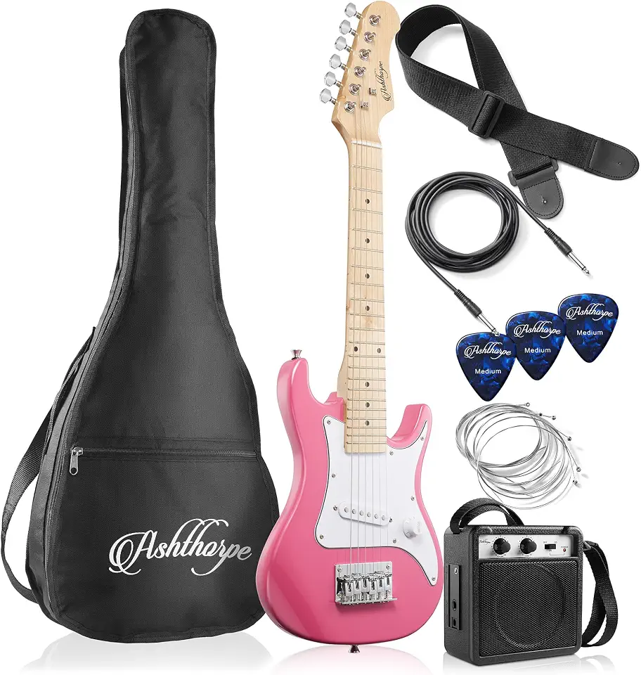Ashthorpe Kit de guitarra elétrica para iniciantes de 76 cm com amplificador (rosa), pacote básico para iniciantes com bolsa de apresentação, cordas, alça, palhetas