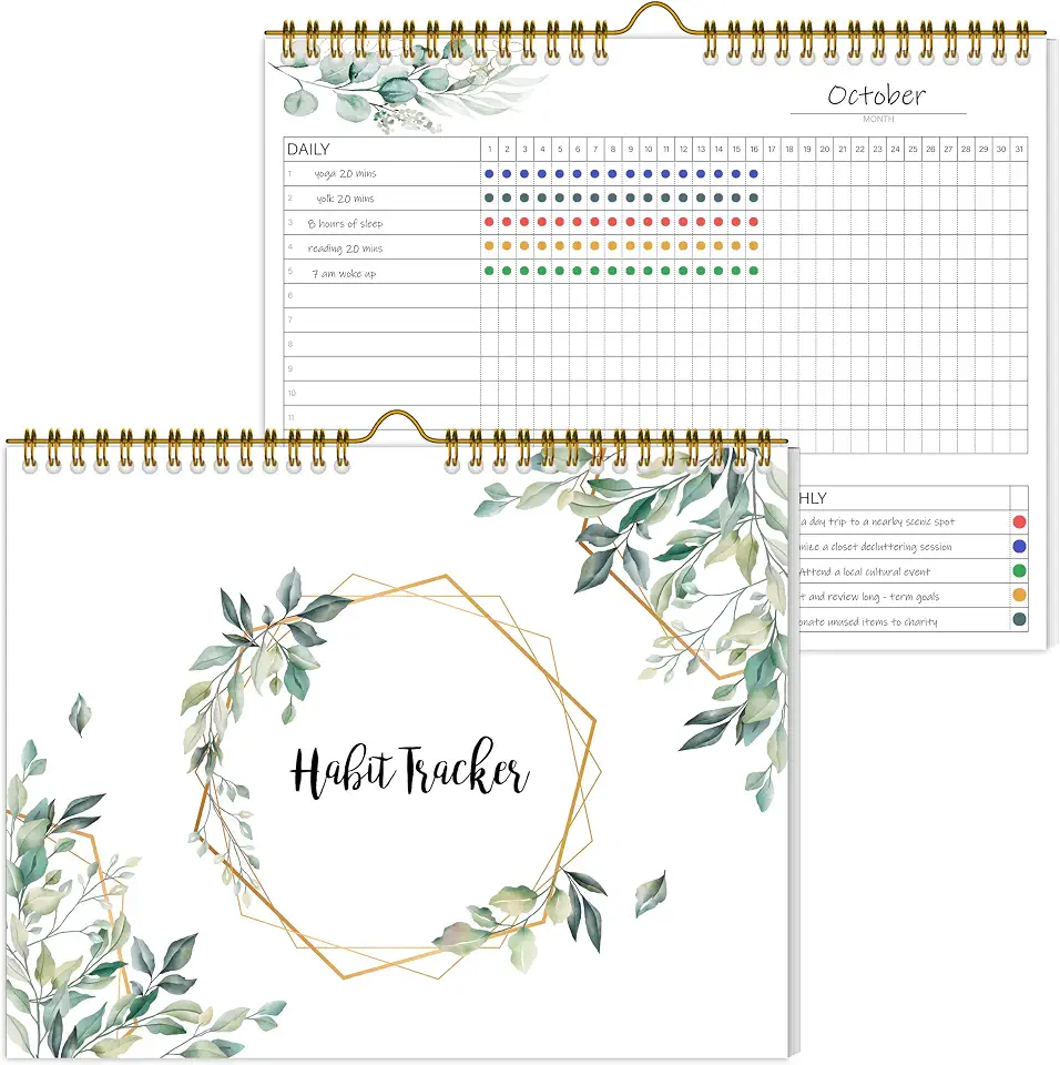 Calendário de rastreador de hábitos, diário de 12 meses com encadernação espiral, planejador mensal semanal sem data para aumentar a produtividade e o autoaperfeiçoamento, 20 x 25 cm (verde)