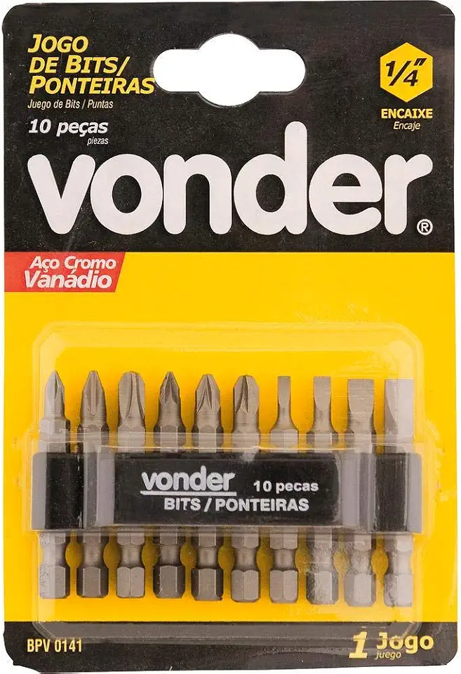 Jogo de Bits/Ponteiras com 10 Peças, Encaixe Sextavado 1/4", Vonder VDO694