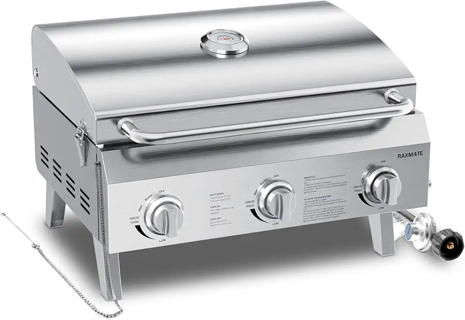 Churrasqueira portátil a gás propano, churrasqueira de mesa de aço inoxidável de 56 cm com 3 queimadores, pernas dobráveis, 30.000 BTU, perfeita para acampamento, viagens de trailer e churrascos de