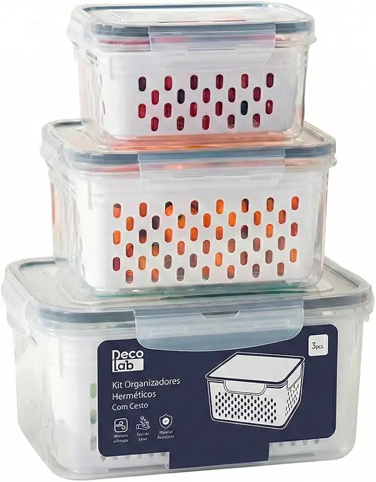 Decolab Kit 3 Pote Duplo Hermético com Cesto BPA Free Organizador de Geladeira para Despensa Frutas Legumes Verduras Mantimentos(Preto)