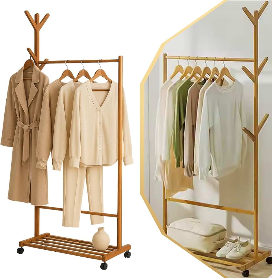 Mancebo Cabideiro Com Rodinhas 155cm Bambu Chão Arara Roupas