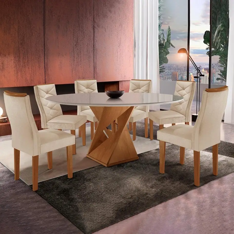 Mesa Tampo Redondo Plus Vidro 120cmx120cm 6 Cadeiras Barcelona Cinamomo/off White/suede Pena