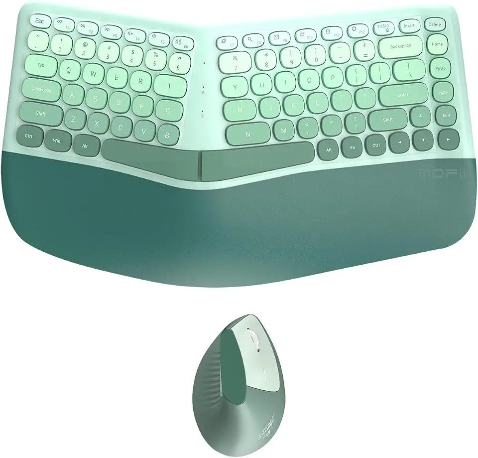 Conjunto ergonômico de teclado e mouse sem fio com descanso de pulso, teclas divididas curvas, silencioso, 84 teclas, conjunto de mouse vertical de 6 teclas para Win/Mac/PC/laptop, pilhas AAA