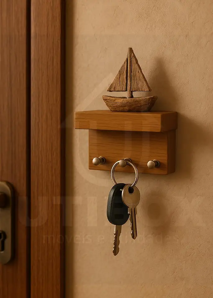 Porta Chaves De Parede com suporte para pendurar chaves e prateleira 3 pinos (freijo)