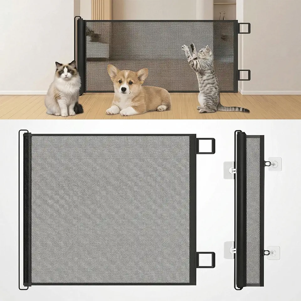 Grade para Cachorros Retrátil, Cercado para Cachorros em Tela de Proteção, Portão de Segurança para Bebês e Pets, Fácil Instalação para Portas, Corredores, Escadas e Varandas(Preto-70 * 110)