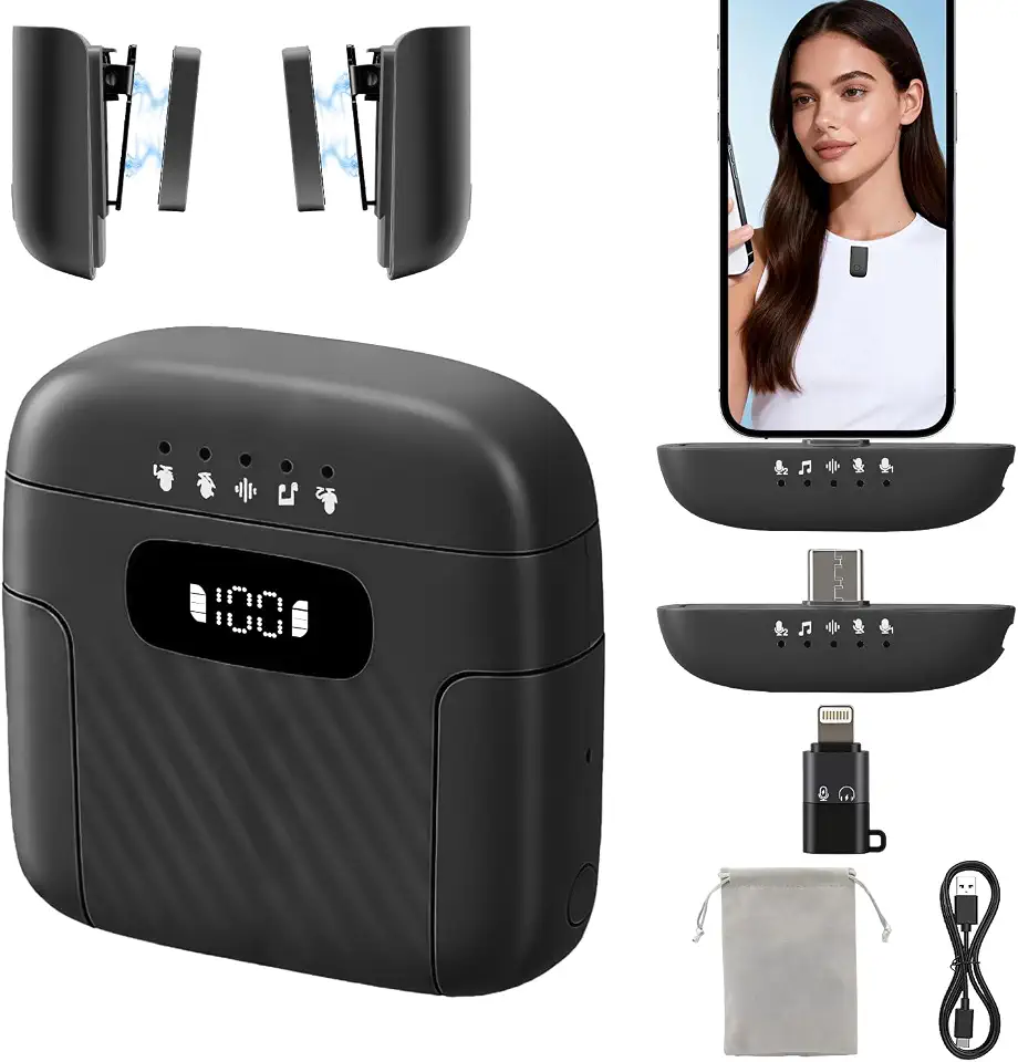 QBuen microfone de Lapela Sem Fio, Três mudanças de voz, 50m Alcance + 3 Modos de Cancelamento de Ruído(2TX+1RX), Com Estojo de Carga,para Celular, iPhone, Gravação, Lives, Reuniões e Vlogs(Preto)