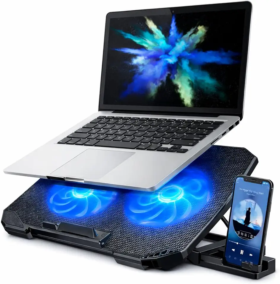 Suporte para Notebook Base Ergonômica Silencioso LED Azul 8 Níveis de Altura Refrigerada com 2 Coolers Potentes e com Suporte de Celular Integrado Premium