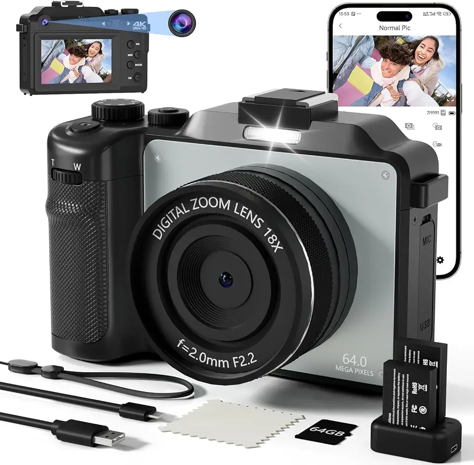 Câmera Digital 4K para fotografia, LucZeng Câmera Vlogging de 48 MP para YouTube com cartão TF de 64 GB, tela LCD de 3", antirvibração, zoom digital de 18x, câmeras digitais compactas para viagens