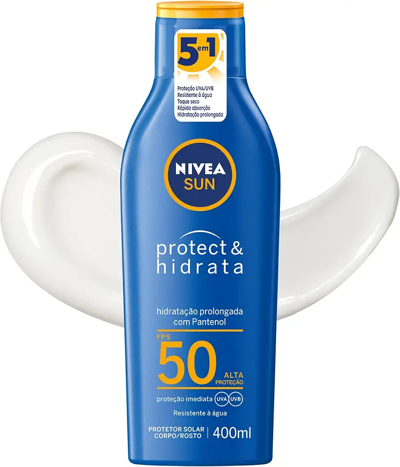 NIVEA SUN Protetor Solar Protect & Hidrata FPS 50 400ml - Com toque seco, rápida absorção e resistente à água, esse protetor solar oferece altíssima proteção ao sol e promove hidratação à pele