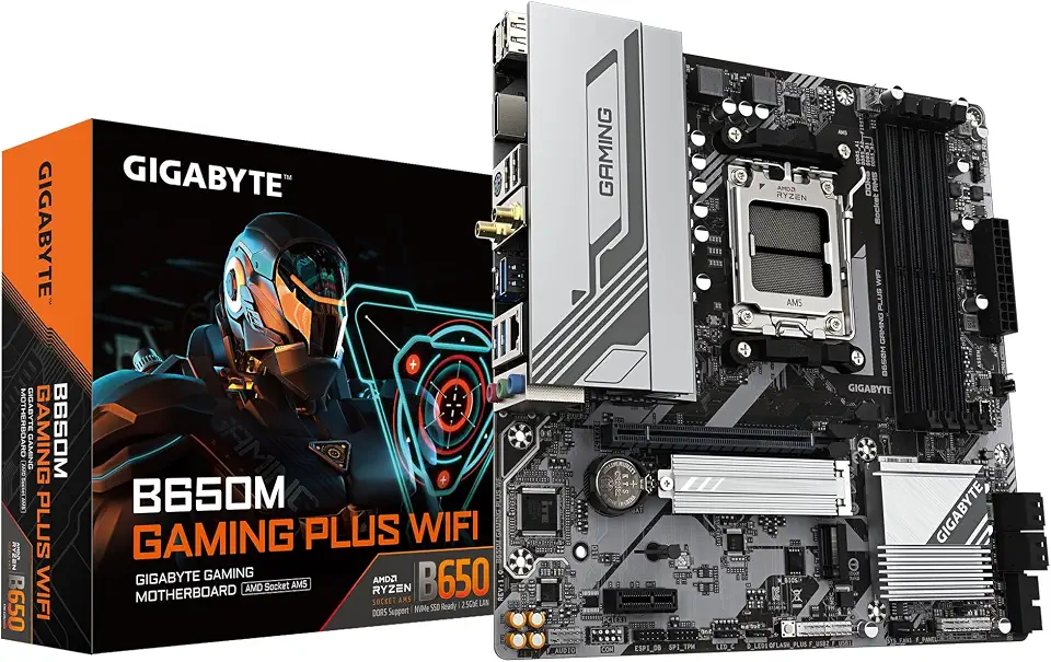 GIGABYTE Placa-mãe B650M GAMING PLUS WIFI - CPU AMD Ryzen 9000, 5+2+2 fases VRM, até 8000MHz DDR5, 2xPCIe 4.0 M.2, 2.5GbE LAN, WIFI 6E, USB 3.2 Gen 1