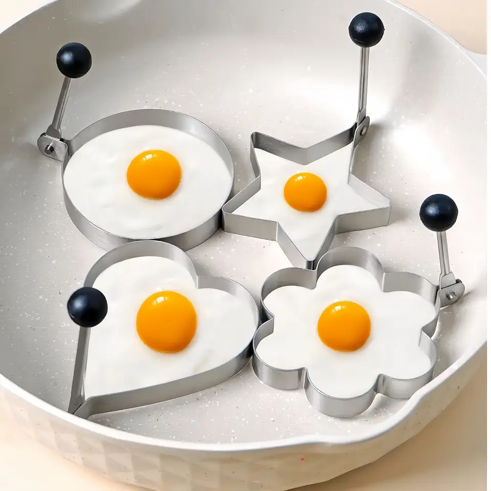 Anéis de ovo de aço inoxidável, formas sortidas antiaderentes com alça, 10 cm de diâmetro, pacote com 4 para moldes de panela de café da manhã, prata