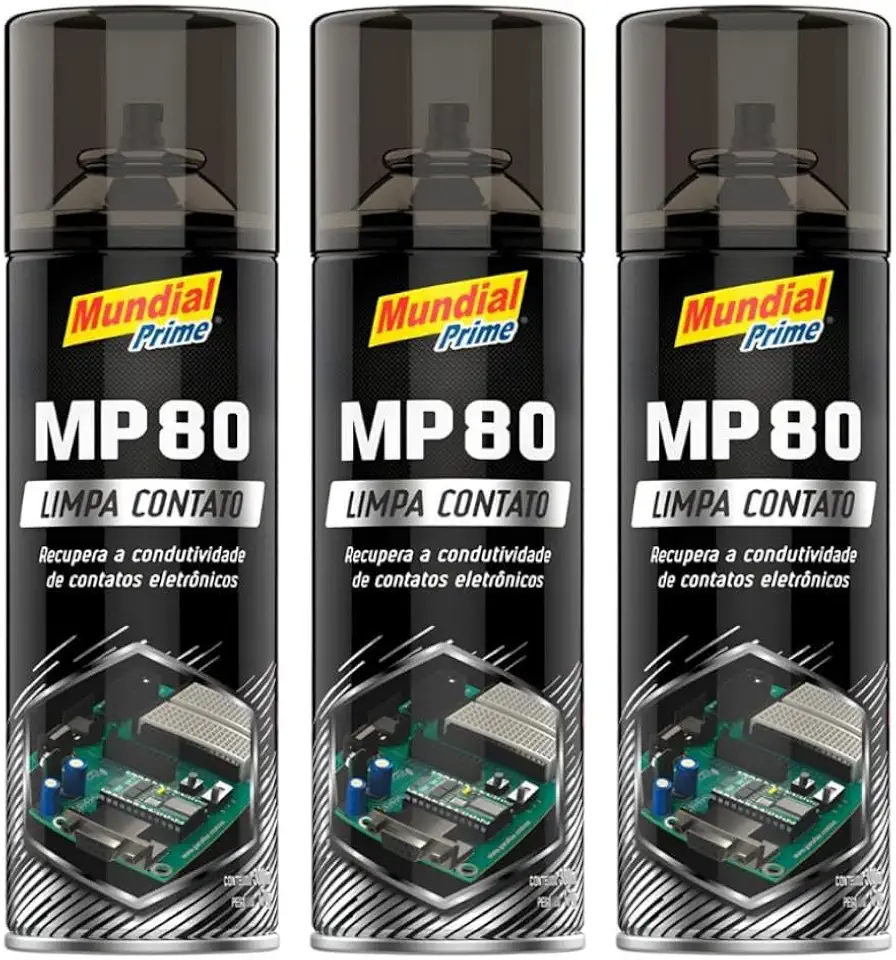 Kit 3 Limpa Contato Elétrico Spray 300ml Mundial Prime MP80 Aeroflex – Remove Oxidação, Poeira e Garante Melhor Contato em Componentes Elétricos