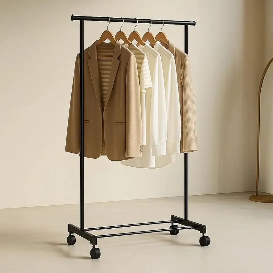 Arara de Roupas Móvel com Rodízios, Altura Ajustável, Metal Preto, Organizador para Vestuário (Preto)