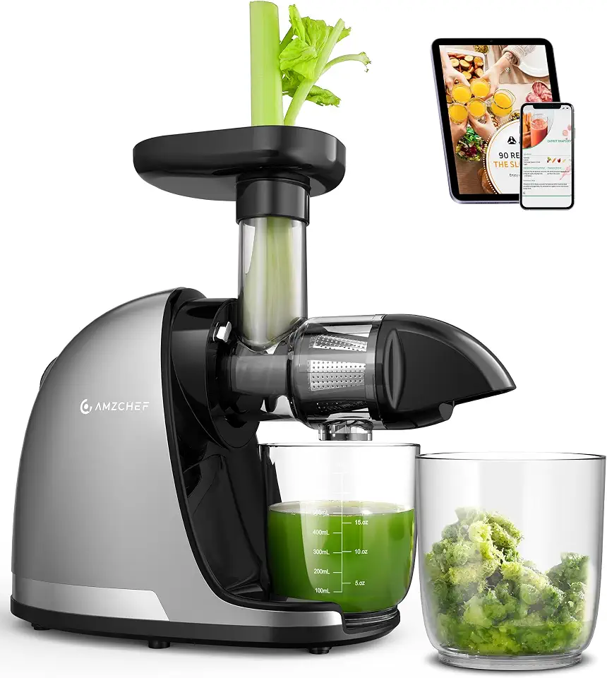 AMZCHEF Máquina de Suco com Prensa Fria e Mastigação - Sistema de Rendimento Reverso de 90%, Motor Silencioso para Casa e Café da Manhã, Limpeza em 3 Etapas com Escova, Inclui Mais de 50 Receitas de
