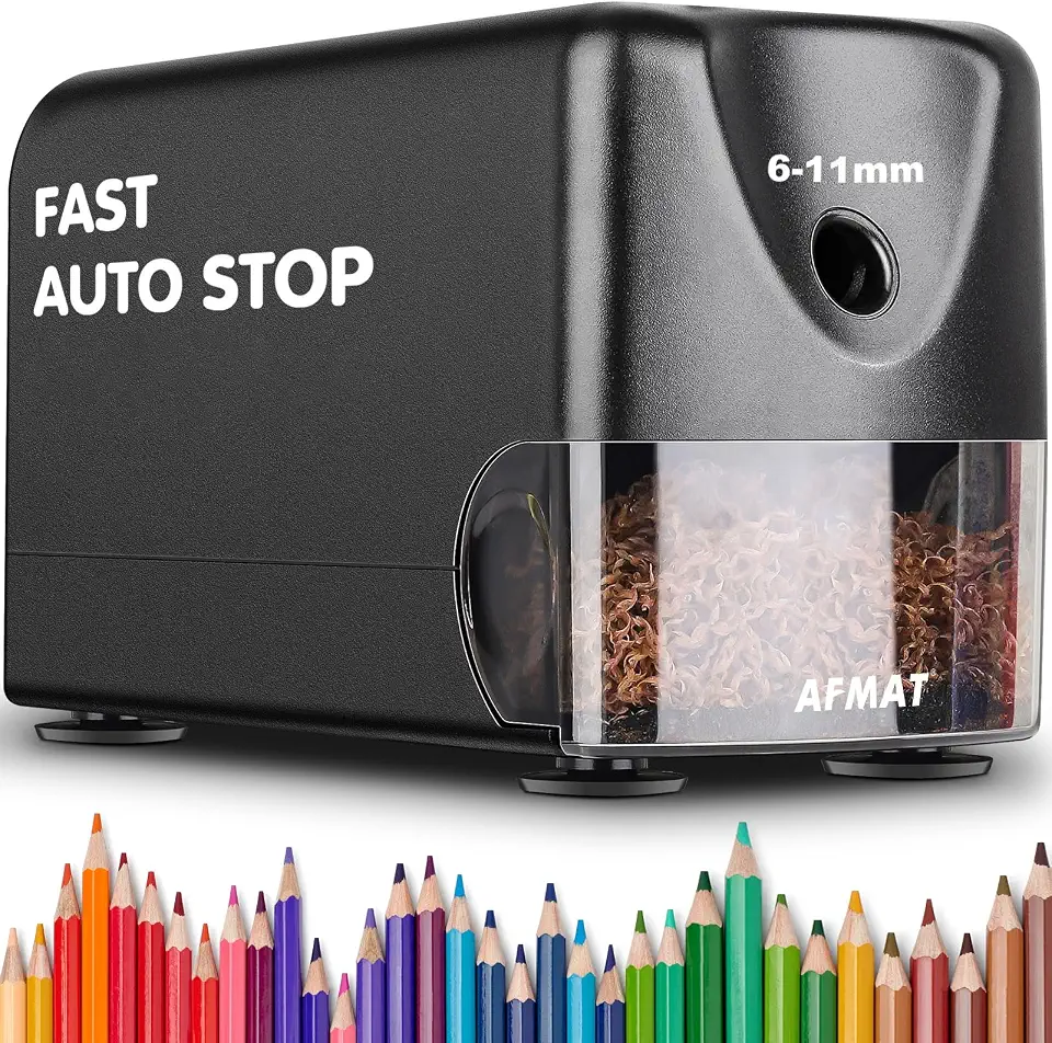 AFMAT - Apontador elétrico de alta resistência, afia de sala de aula para lápis de cor de 6-11 mm, número 2, afia para lápis grandes, parada automática, ponta afiada, guardar lápis,