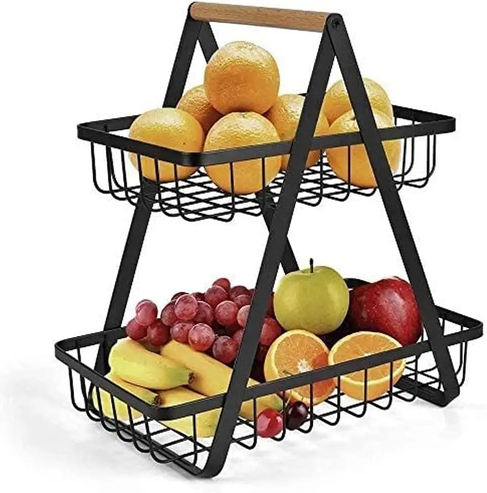 Fruteira Cesto de Mesa 2 Andares em Metal Preto com Alça de Madeira – Cesta Organizadora de Frutas Decorativa para Cozinha e Sala