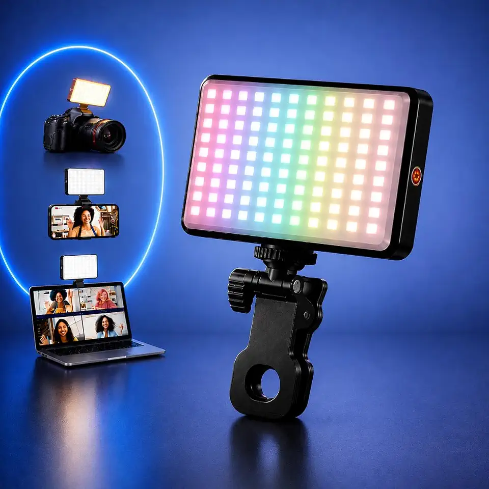 Luz LED RGB Para Gravar Vídeo Preenchimento 12x7cm 4,7" com Clipe Ajustável Recarregável Portátil — Para Celular Notebook Camera Ideal para Selfie Ring Light Profissional Fotografia, Foto — Premium®