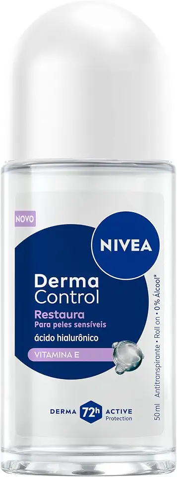 NIVEA Desodorante Antitranspirante Roll-on Derma Control Restaura 50ml, Proteção 72h, Previne Irritações, Ácido Hialurônico, Peles Sensíveis