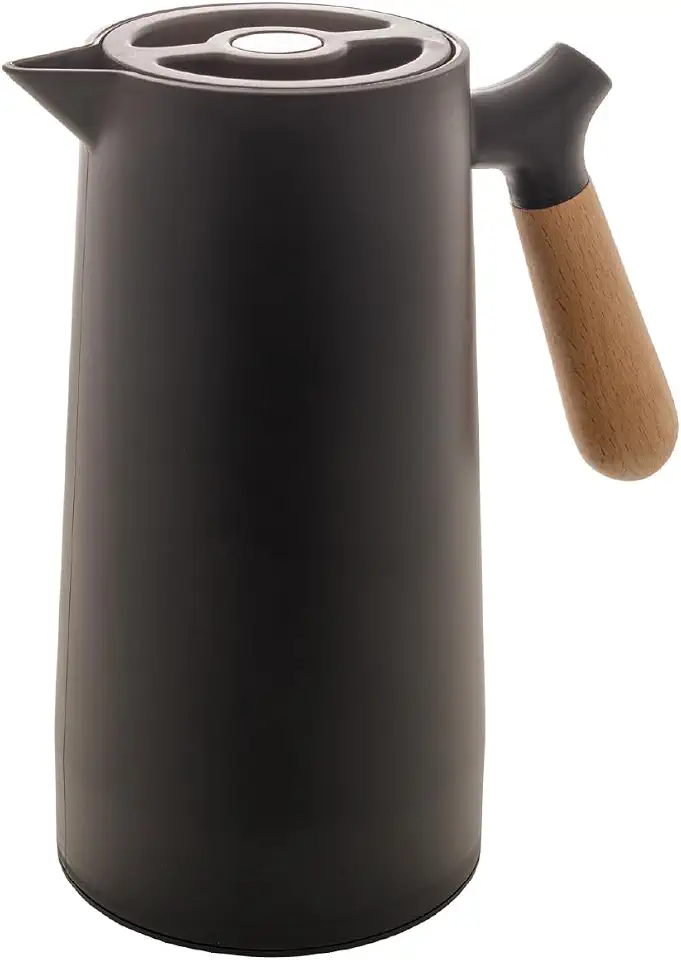 WOLFF - Garrafa Térmica de Plástico com Cabo de Madeira Nórdica 1L Preta - Mesa Posta - Itens Para Casa - Utensílios de Cozinha - Perfeita Para Café e Chá