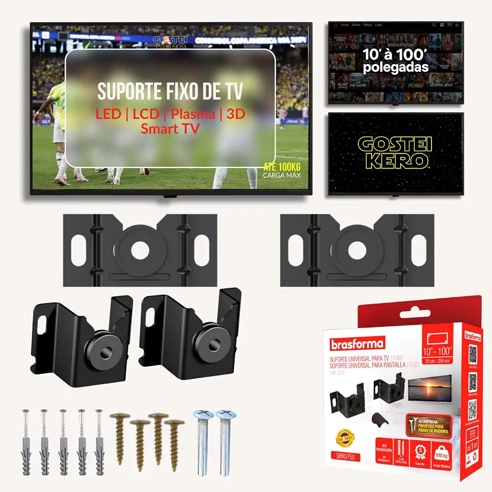Suporte TV Universal Fixo de Parede Para Smart TV 10 32 40 43 50 55 65 75 até 100 Polegadas Suporta 100kg Slim 2,5cm da Parede Inclui Parafusos para Painel de Madeira e Alvenaria Aço Carbono Preto