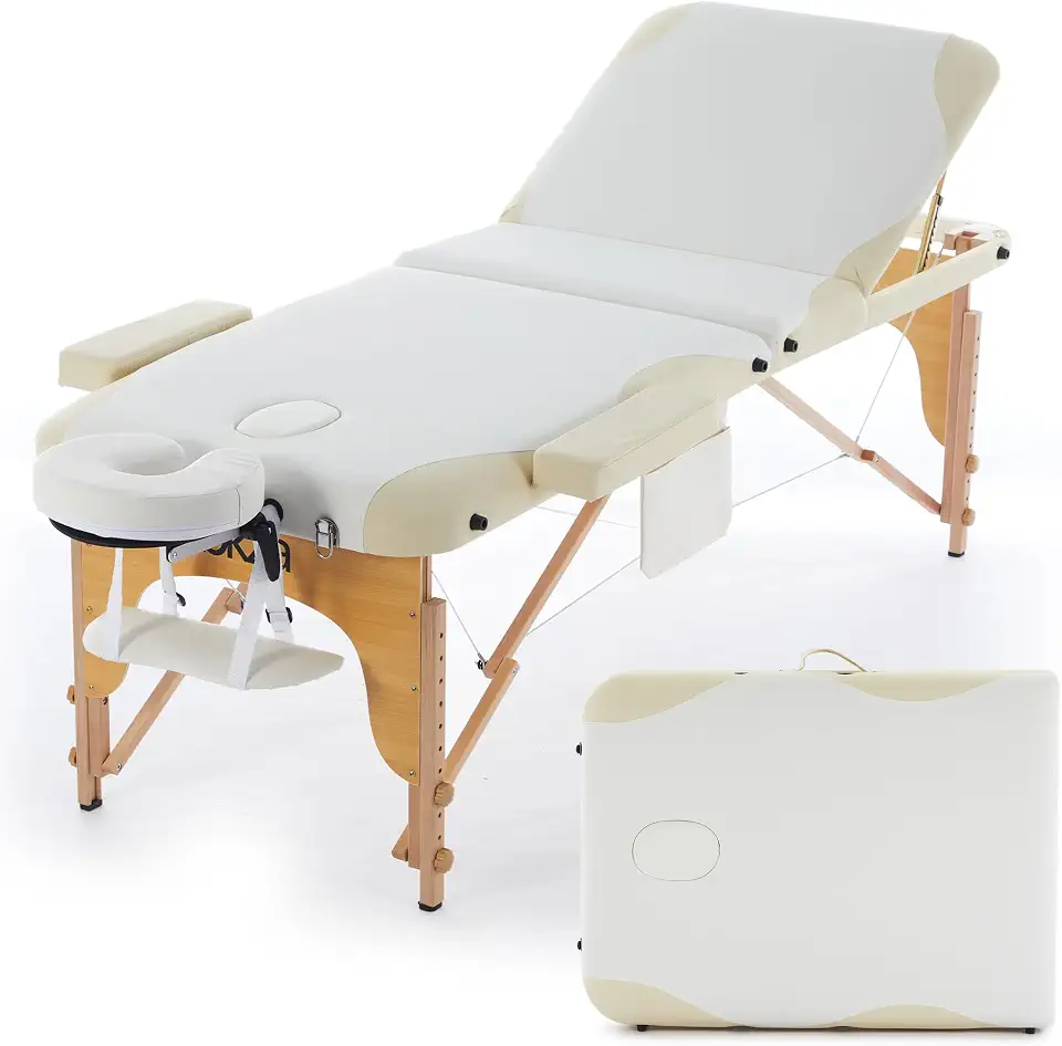 Maca Portátil Premium+ 70cm, Divã Cama de Fisioterapia, Estética, Massoterapia, Massagem, Quiropraxia, Depilação, Tatuagem - Altura Ajustável + bolsa de transporte Com Inclinação (Creme e Branco)